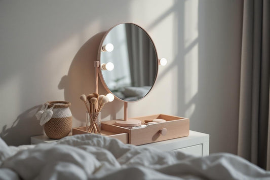 Miroir rond avec lumières, boîte en bois et pinceaux de maquillage