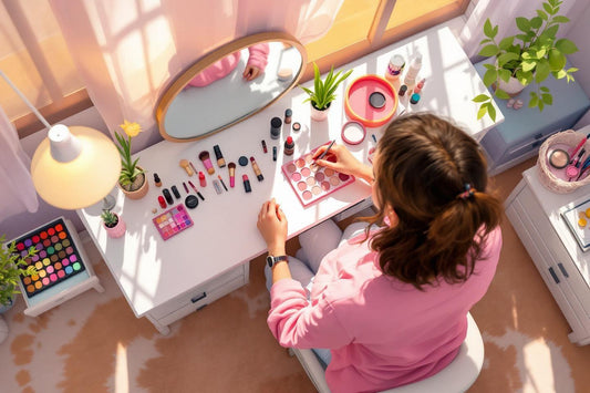 Table blanche avec cosmétiques et palette, personne travaillant sur makeup