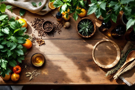 Table en bois avec oranges, épices, huiles essentielles et verdure