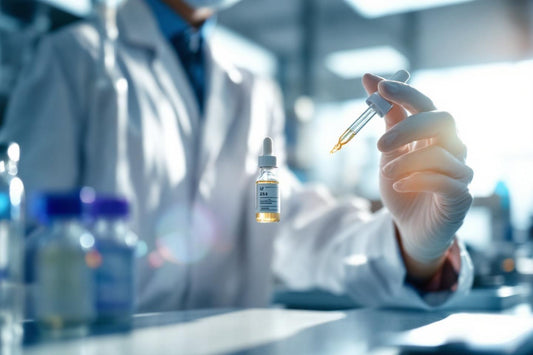 Main gantée tenant une pipette avec un flacon de laboratoire