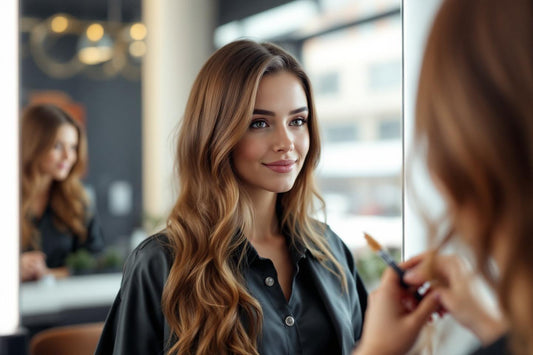 Jeune femme souriante avec de longs cheveux ondulés dans un salon