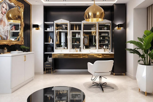 Espace élégant de coiffure avec mobilier blanc et accents dorés