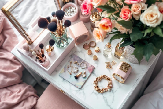 Plateau de maquillage et bijoux dorés avec roses roses