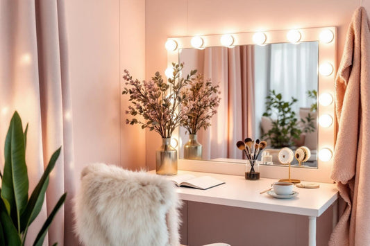 Miroir lumineux, fleurs et accessoires sur une coiffeuse blanche