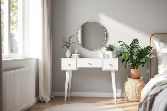 Console blanche avec miroir rond et plantes vertes