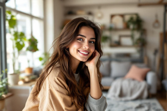Femme souriante confortablement installée dans un salon lumineux