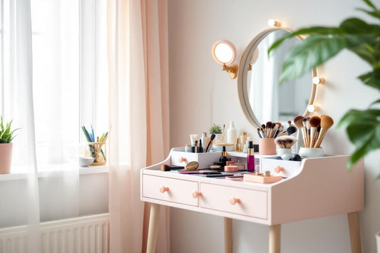 Coiffeuse blanche avec miroir, maquillage et plante verte
