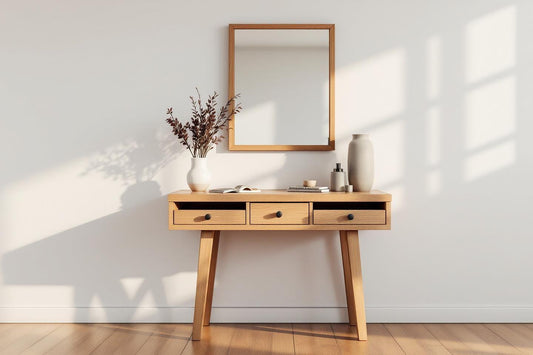 Console scandinave en bois clair avec trois tiroirs et accessoires