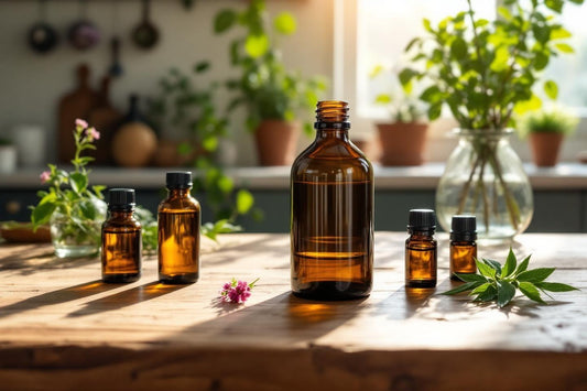 Bouteilles ambrées d'huiles essentielles avec plantes vertes