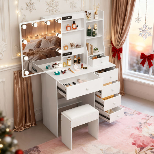 Coiffeuse avec miroir led et tabouret